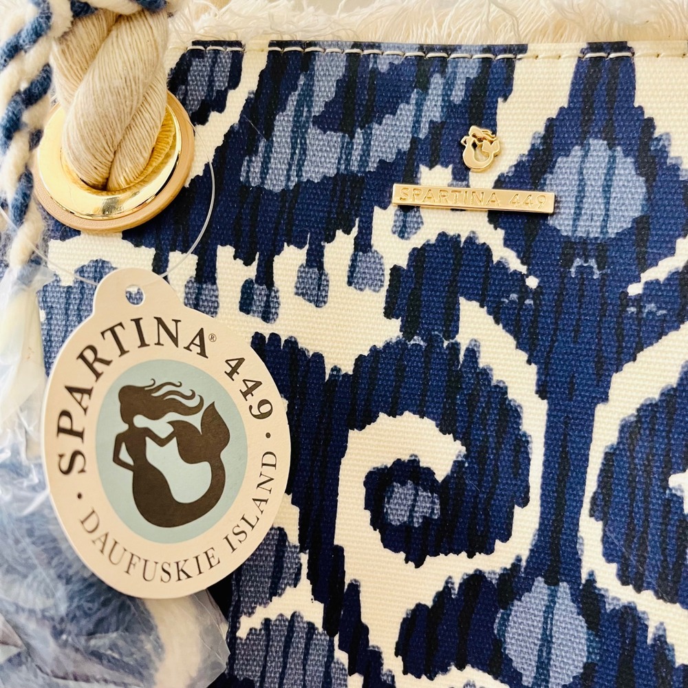 Spartina 449 Moonglade Boho Beach Tote Blue White Ikat Fringe 960675 Rope Straps - Picture 9 of 14